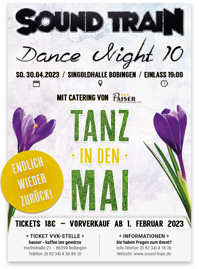 SOUND TRAIN Dance Night 10 - Sonntag, 30. April 2023, Singoldhalle Bobingen